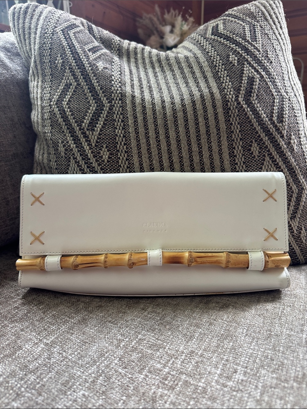 White Leather Clutch with Bamboo Accent by Claudina